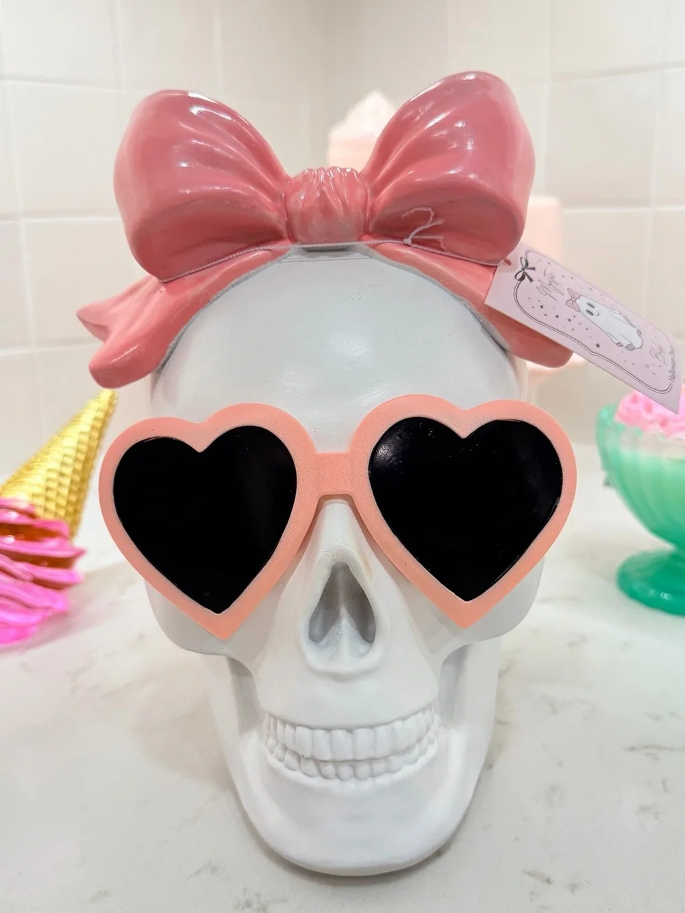 NWT Pink Skull Halloween Decor Coquette Goth Heart Sunglasses Bow Shelf Decor